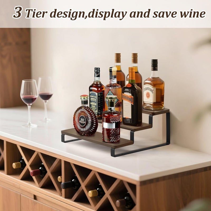 Mkono Small Liquor Bottle Display Shelf 3 Tier Coffee Bar Accessories Rustic Syrup Stand Wine Racks Countertop for Whiskey Tabletop Kitchen,13 Inch - Image 3